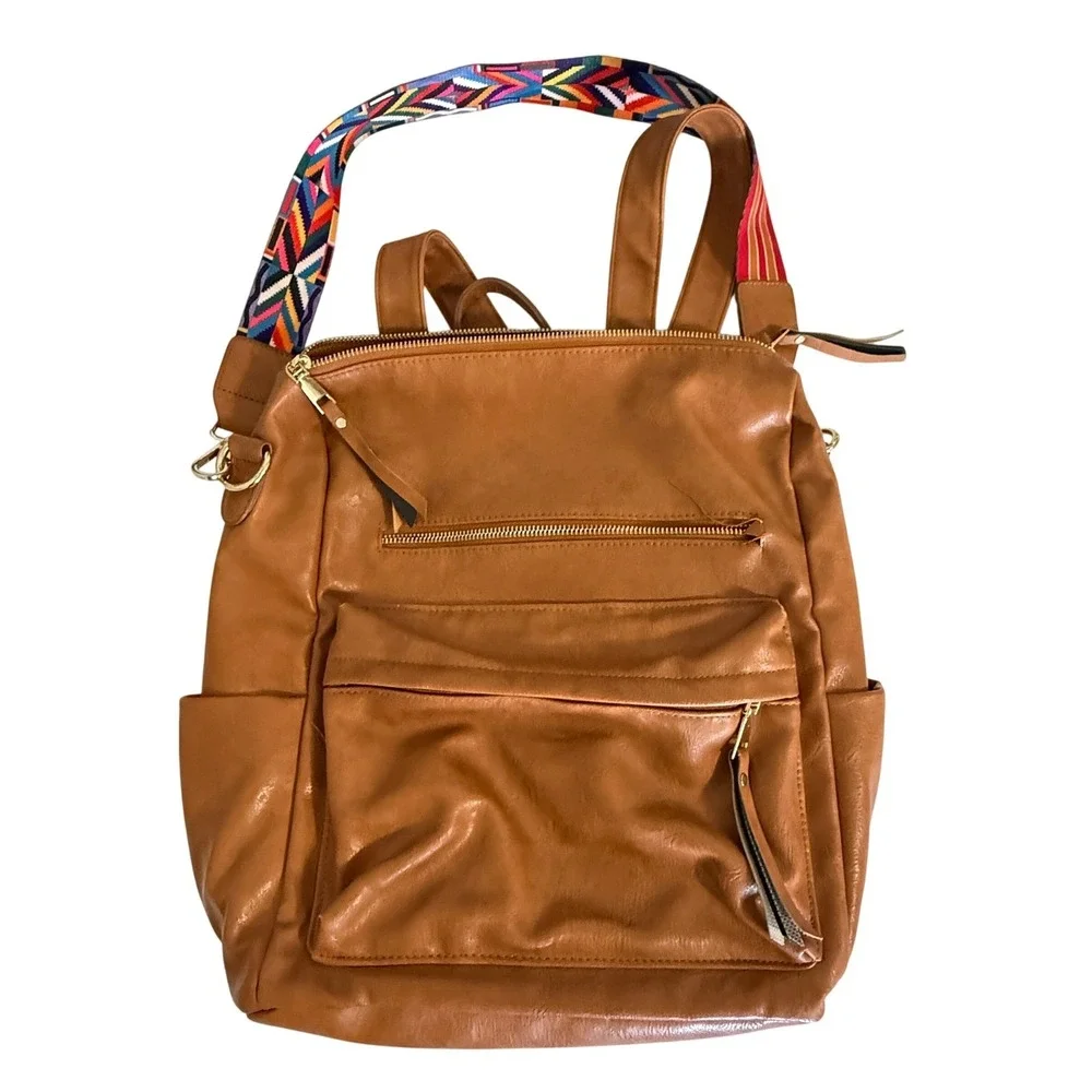 Unbranded Backpack Purse Women Large Brown Faux Leather Convertible Guitar Strap